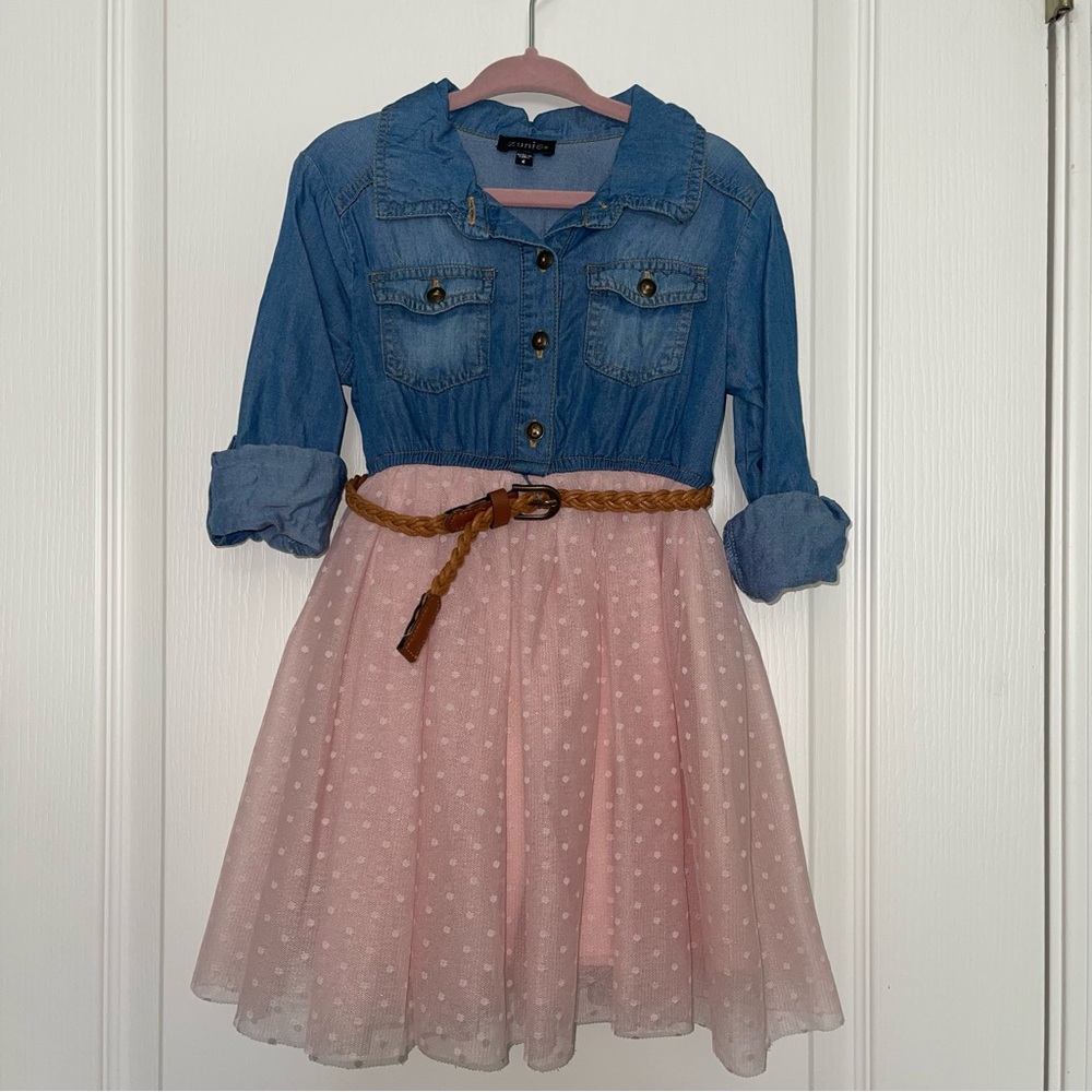 Zunie Denim Look Swiss Dot Dress with Braided Belt – Girls Size 4